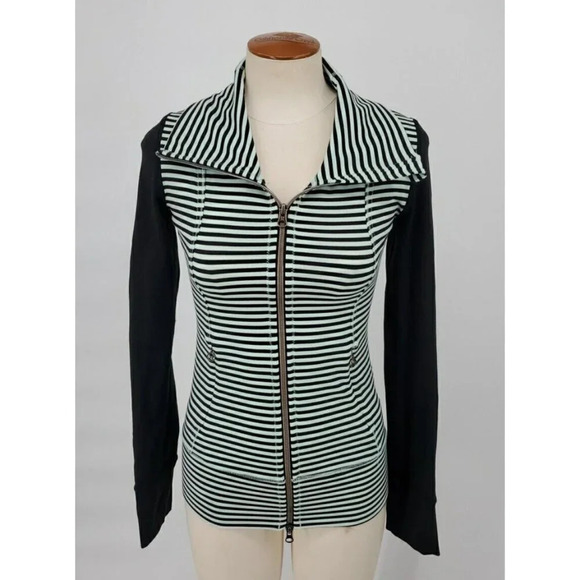 lululemon athletica Tops - Lululemon Daily Yoga Jacket Mint Black Stripe Size 2 High Neck Full Double Zip